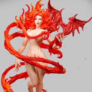 Puede incluir: Figura detallada de una mujer con cabello rojo fuego y un dragón rojo a juego. La mujer está desnuda, con su cuerpo pintado en un tono de piel claro. La base de la figura es un diseño de llama, con el dragón en su mano.