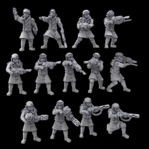 May include: A set of miniature figurines depicting soldiers in futuristic attire. The figures are posed in various combat stances, equipped with weapons and helmets with gas masks. The colour scheme is monochrome, highlighting the details of the armour and weaponry.
