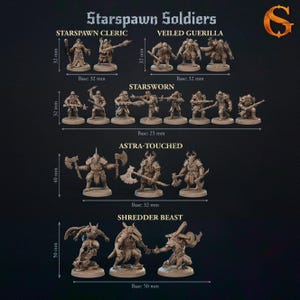 Peut inclure: Image de figurines miniatures intitulée "Starspawn Soldiers". Les figurines comprennent "Starspawn Cleric", "Veiled Guerilla", "Starsworn", "Astra-Touched" et "Shredder Beast". Les socles des figurines mesurent entre 25 mm et 50 mm, avec des armes et des détails.