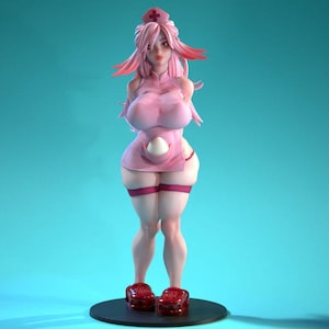 May include: A pink figurine of a nurse with a cross on her hat. The nurse is wearing a pink uniform with a white egg-shaped detail and maroon garters. She has pink hair and red shoes. The figurine is standing on a black circular base.