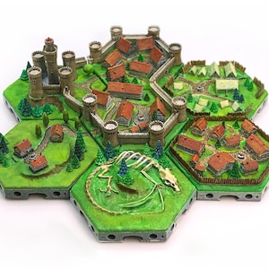 May include: A miniature medieval castle and village game board with hexagonal tiles. The board features detailed structures, including a castle with towers, houses, and a dinosaur skeleton. The color palette includes shades of green, brown, and red.