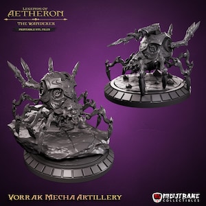 Könnte beinhalten: Zwei graue Vorrak Mecha Artillery Figuren, eine auf einem felsigen Sockel und die andere auf einer kreisförmigen Plattform. Die Figuren haben ein mechanisches, insektenartiges Design mit mehreren Beinen und scharfen Anhängen. Der Text "LEGENDS OF AETHERON" und "VORRAK MECHA ARTILLERY" sind sichtbar.