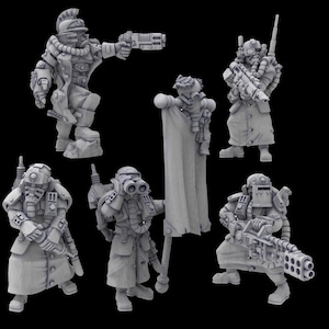 Może przedstawiać: Zbiór sześciu szarych miniaturowych figurek żołnierzy w futurystycznym sprzęcie wojskowym. Każda figura jest wyposażona w broń, maski gazowe i odzież taktyczną. Jedna figura trzyma flagę, a inna celuje z dużej broni.