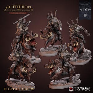 Peut inclure: Plusieurs figurines miniatures détaillées de Riders Ruktar de la série Legends of Aetheron. Les figurines représentent des guerriers chevauchant des sangliers féroces, avec des armures et des armes complexes. Conçues pour les jeux de table, compatibles avec Age of Fantasy.