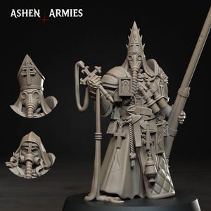 Może przedstawiać: Szczegółowa, szara, drukowana w 3D miniaturowa figurka postaci w długiej szacie, masce gazowej i wysokim, spiczastym kapeluszu. Postać trzyma laskę i karabin. Tekst "ASHEN ARMIES" znajduje się w lewym górnym rogu.