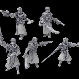 May include: Five grey miniature figurines of futuristic soldiers, each wearing helmets, gas masks, and carrying weapons such as pistols and chainswords. The figures are posed in dynamic action stances against a black background.