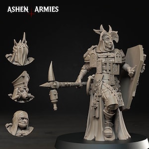 Może przedstawiać: Szara miniaturowa figurka wojownika trzymającego kilof i tarczę, z dodatkowymi opcjami popiersia. Figurka ma na sobie zbroję i kaptur. Tekst "ASHEN ARMIES" jest widoczny u góry.