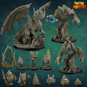 Könnte beinhalten: Eine Sammlung von Fantasy-Miniaturen, darunter ein detaillierter Drache, Felsgolems und architektonische Elemente. Der Drache sitzt auf einem felsigen Sockel, die Golems haben leuchtend blaue Augen. Die Miniaturen sind in Grau- und Brauntönen gehalten.
