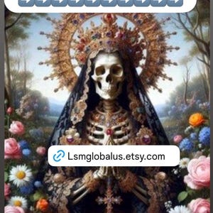 May include: An artistic depiction of Santa Muerte, a skeletal figure adorned with a crown and veil, surrounded by flowers. The image includes text that reads "How to order... SWIPE" and "Offerings for Santa Muerte."