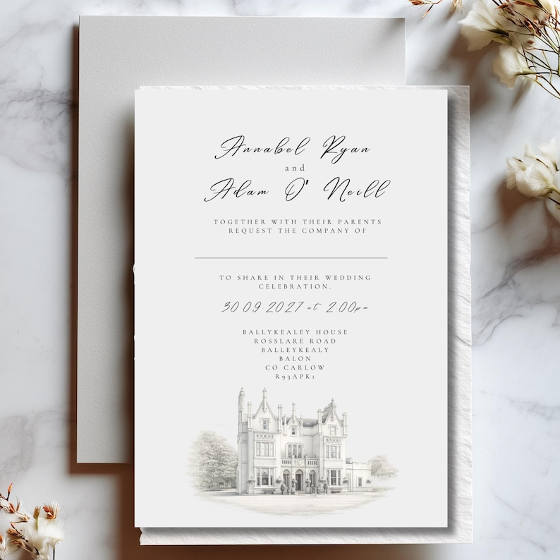 Sketched Venue Wedding Invitation | Custom Line Drawing (digital ...