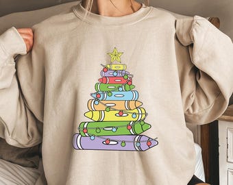 Christmas Teacher Sweatshirt, Crayon Tree, Teacher's Day Gift