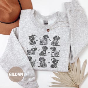 May include: Light gray sweatshirt with a crew neck featuring a grid of dachshunds in Halloween costumes. The sweatshirt has long sleeves and the brand name "GILDAN" is visible. The color is "ASH". A brown hat and a gold necklace are also in the image.