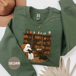 Retro Ghost Reading Sweatshirt, Halloween Librarian Teacher Gift