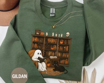 Retro Ghost Reading Sweatshirt, Halloween Librarian Teacher Gift