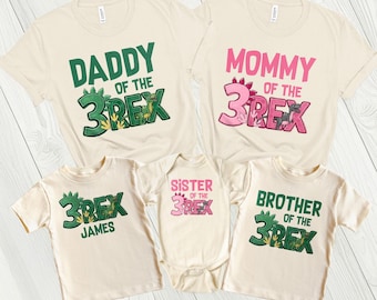 Personalized Three Rex Dinosaur Birthday Shirt, Matching Family Tees