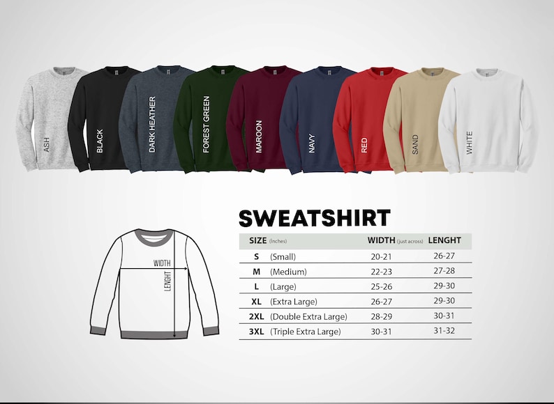 May include: A variety of crewneck sweatshirts in colors like ash, black, dark heather, forest green, maroon, navy, red, sand, and white. The image includes a size chart with measurements in inches for width and length.