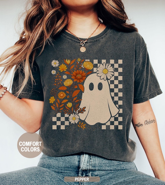 Comfort Colors Checkered Ghost Shirt, Floral Halloween Tee