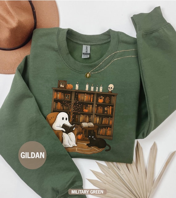 Retro Ghost Reading Sweatshirt, Halloween Librarian Teacher Gift