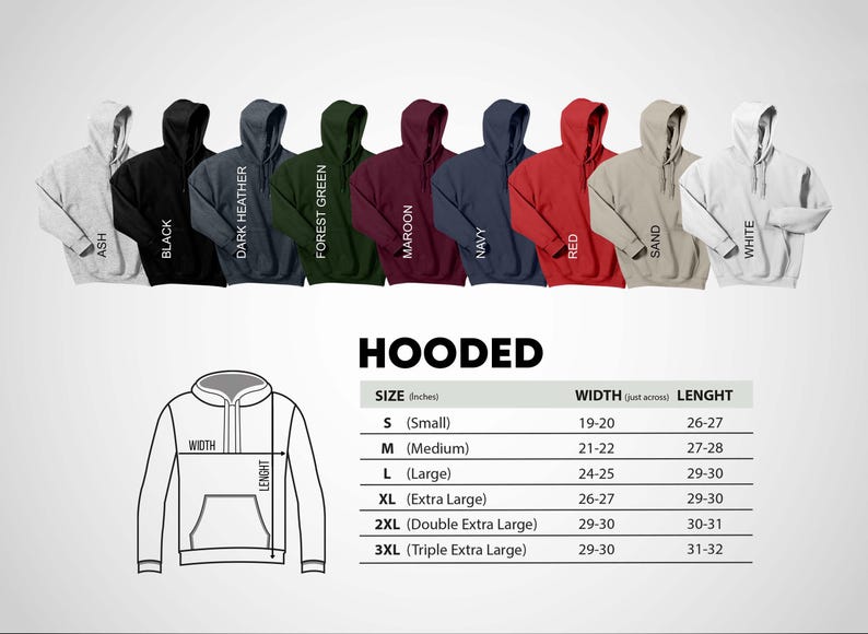 May include: A variety of hooded sweatshirts in colors ash, black, dark heather, forest green, maroon, navy, red, sand, and white. The image includes a diagram showing width and length measurements in inches for sizes S to 3XL.