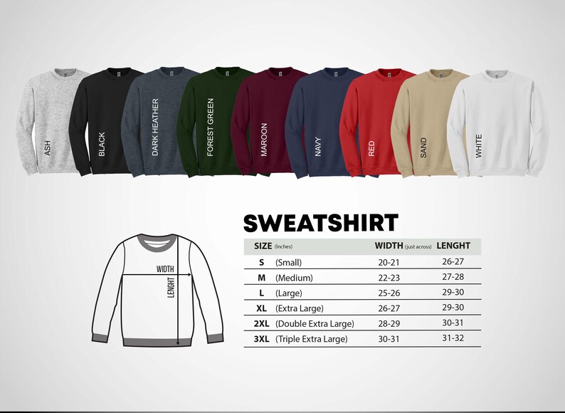May include: A variety of crewneck sweatshirts in colors like ash, black, dark heather, forest green, maroon, navy, red, sand, and white. The image includes a size chart with measurements in inches for width and length.
