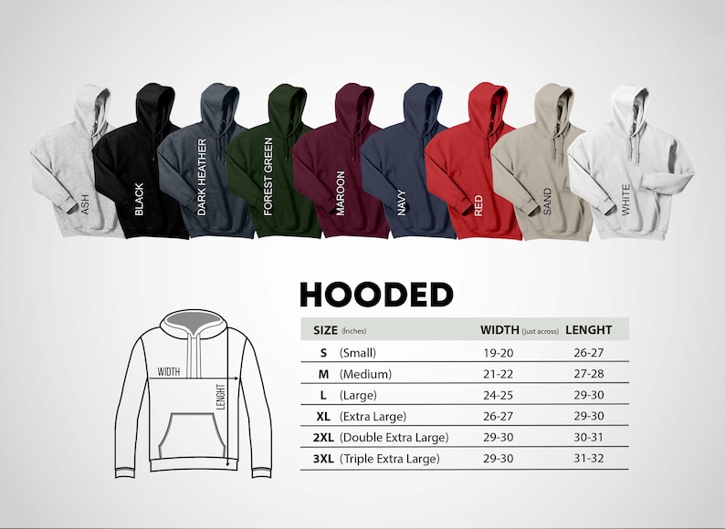 May include: A variety of hooded sweatshirts in colors ash, black, dark heather, forest green, maroon, navy, red, sand, and white. The image includes a diagram showing width and length measurements in inches for sizes S to 3XL.