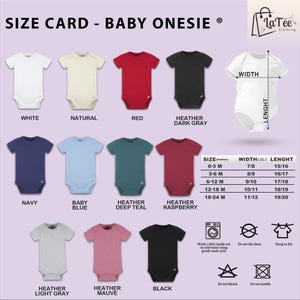 the size card baby onesie is shown in different colors
