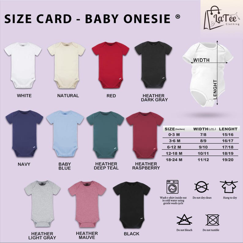 the size card baby onesie is shown in different colors