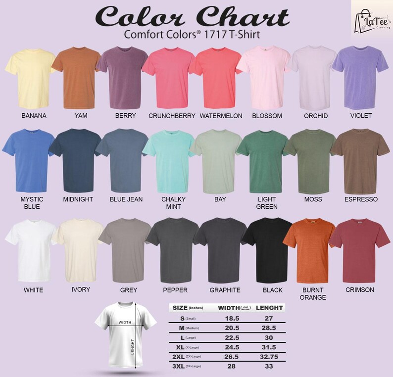 The image is a color chart for a 1717-T-shirt, displaying various comfort colors in a grid format.
