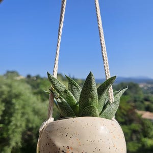 Petit pot suspendu en céramique – Cache-pot artisanal – Faïence émaillée mouchetée – Suspension pour plante