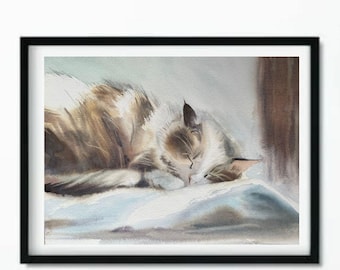 Retrato de mascota en acuarela: Gato durmiendo | Lindo retrato de mascota para pared | Decoración acogedora para amantes de los gatos | Regalo para mamás gatas |