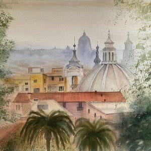 Il dipinto ad acquerello “Giornata di sole a Roma – Santa Maria dei Miracoli”