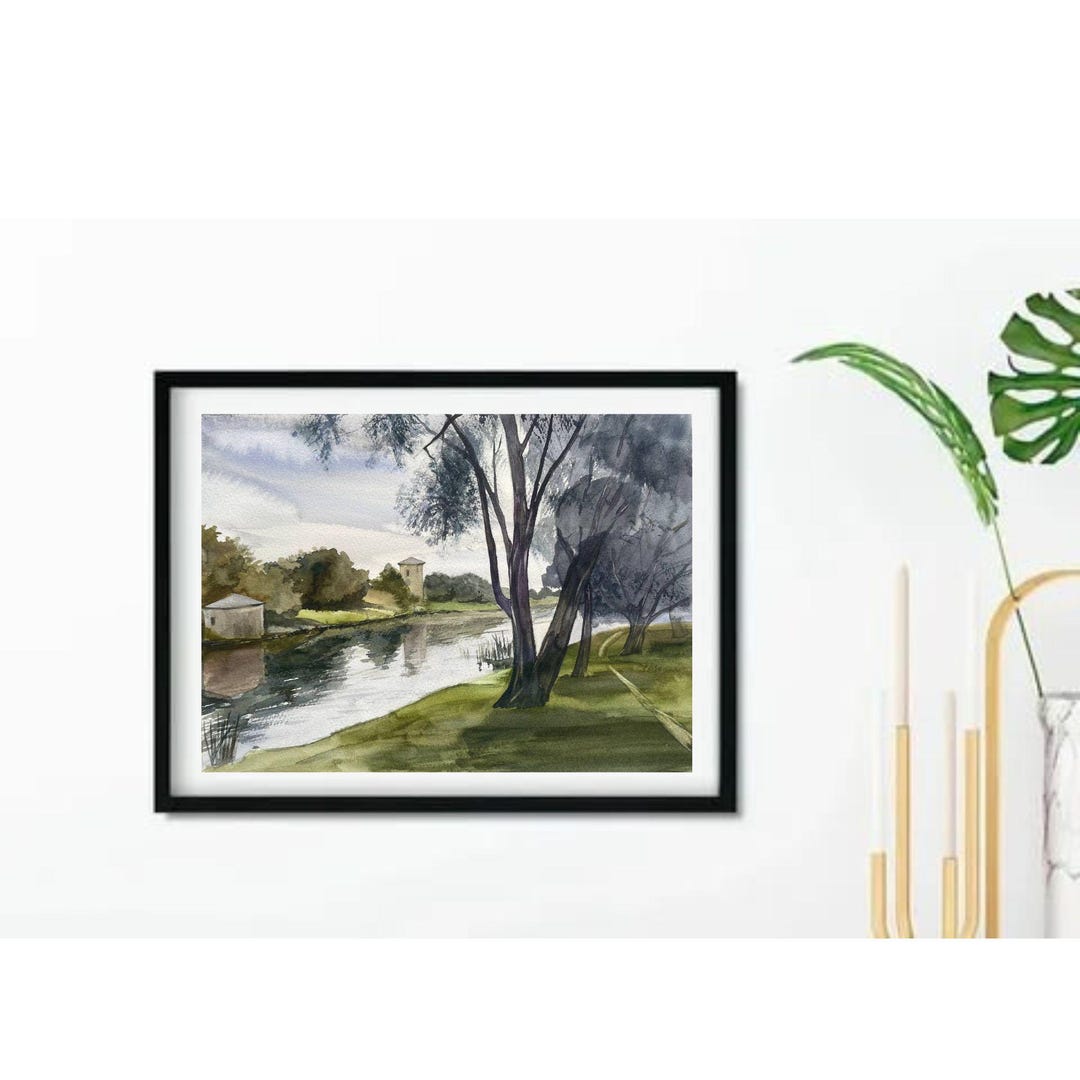 Watercolor Painting of a Summery Riverside Landscape | Wall Art With ...