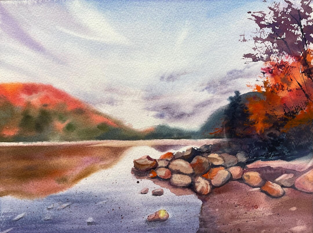 水彩画「秋の湖畔」 - Etsy 日本