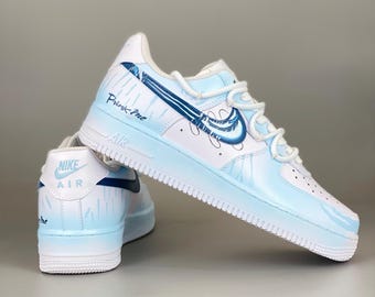 Air Force 1 personalizadas en azul y amarillo, pintadas a mano en azul niebla, regalos de Navidad.