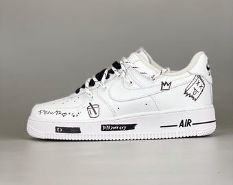 Simple Doodle And Whimsy Custom Air Force 1 Sneakers | Hand-Painted Graffiti And Metal Accents | Unique Street wear Art