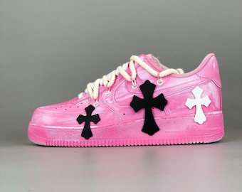 Punk Princess Custom AF1 | Ręcznie malowane różowo-czarne Air Force 1 | Oryginalne, spersonalizowane buty sportowe dla niej | Wyjątkowy prezent świąteczny
