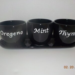 May include: A black ceramic herb garden set with three pots labeled "Oregano", "Mint", and "Thyme" in white script. The pots sit on a matching black tray. Ideal for growing herbs indoors or outdoors.