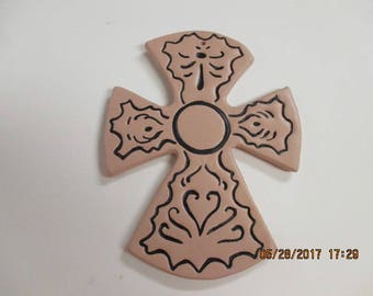 Tan and Black Stained Stoneware Cross