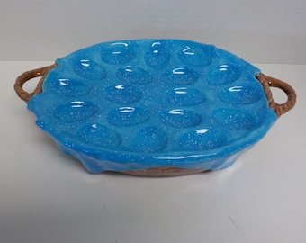 Blue Enamelware ceramic Deviled Egg Platter