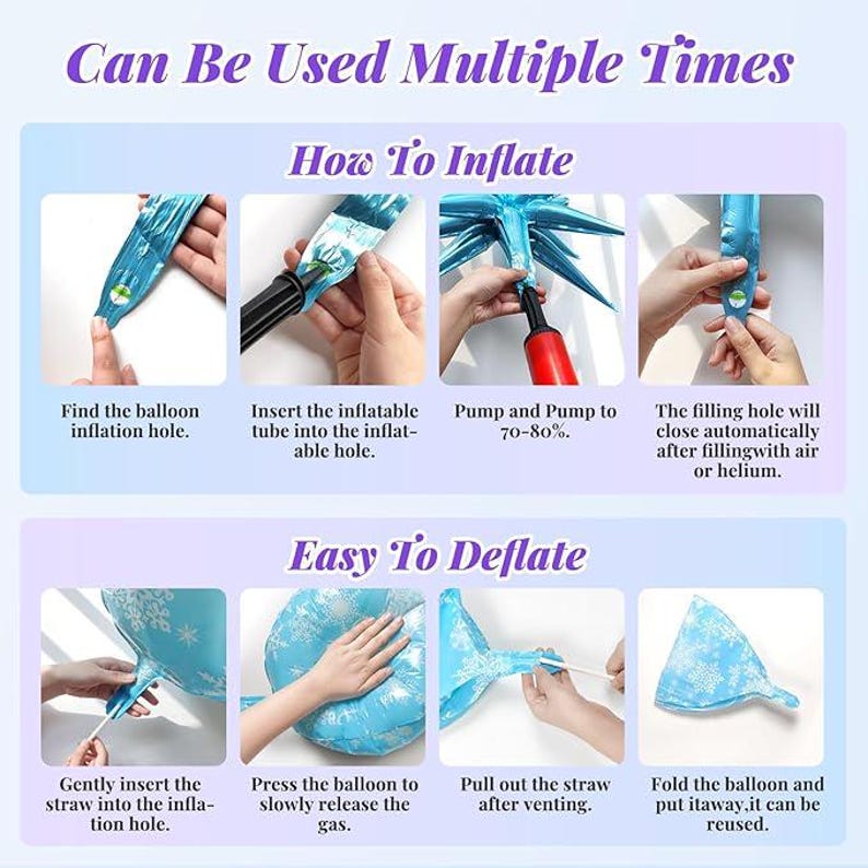May include: A graphic showing instructions for inflating and deflating balloons. The text reads "Can Be Used Multiple Times." The steps include finding the inflation hole, inserting a tube, pumping, and sealing. Deflation steps show inserting a straw, releasing gas, and folding for reuse.