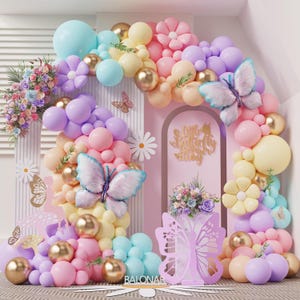 147pcs Daisy Butterfly Balloon Garland Kit in Pastel Pink Blue Yellow Purple Gold