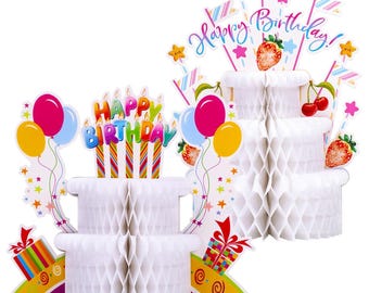 Blulu 3-Piece Happy Birthday Honeycomb Centerpieces - Colorful Rainbow Table Decor For Parties