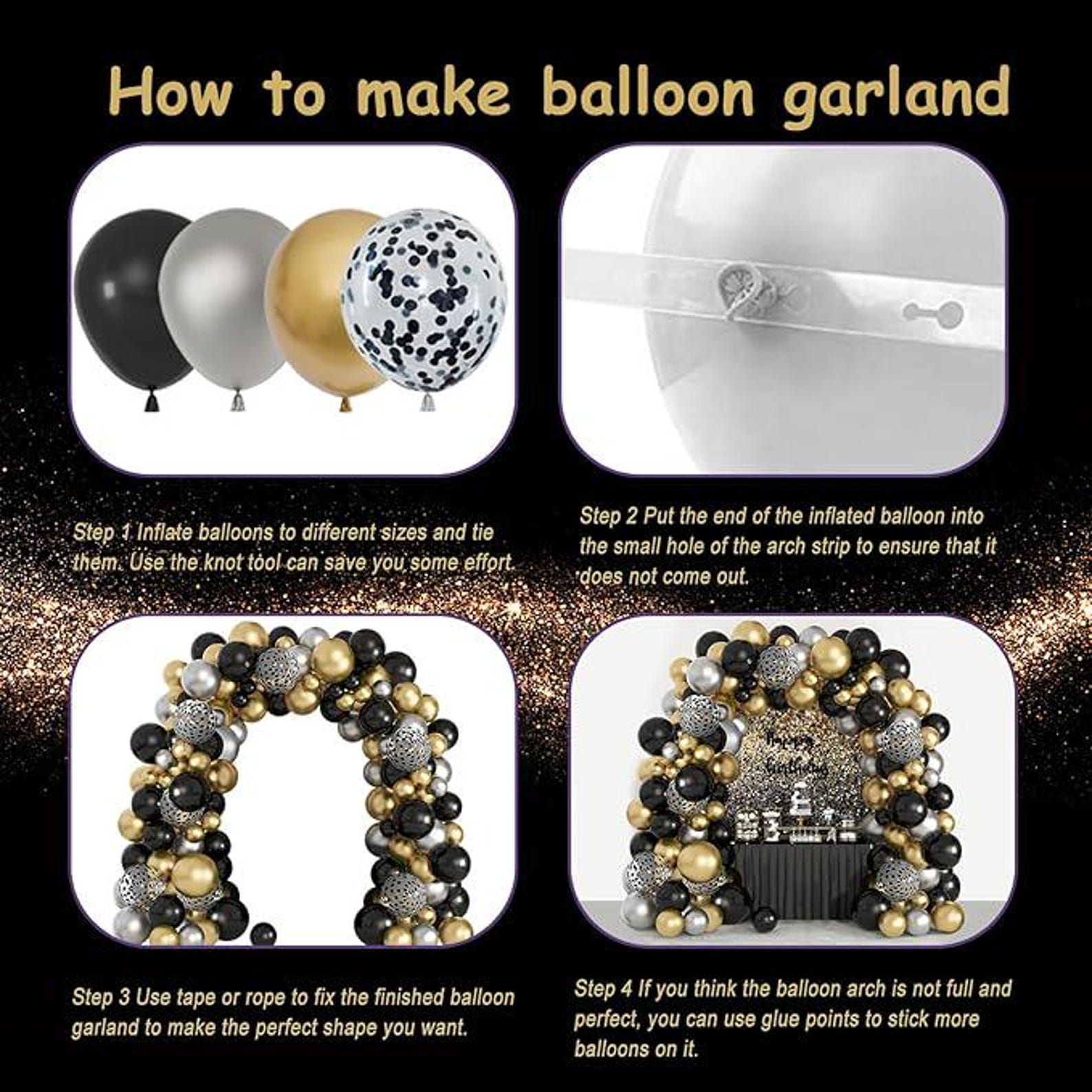 144PCS Black Gold Balloon Garland Arch Kit for Graduation Birthday ...