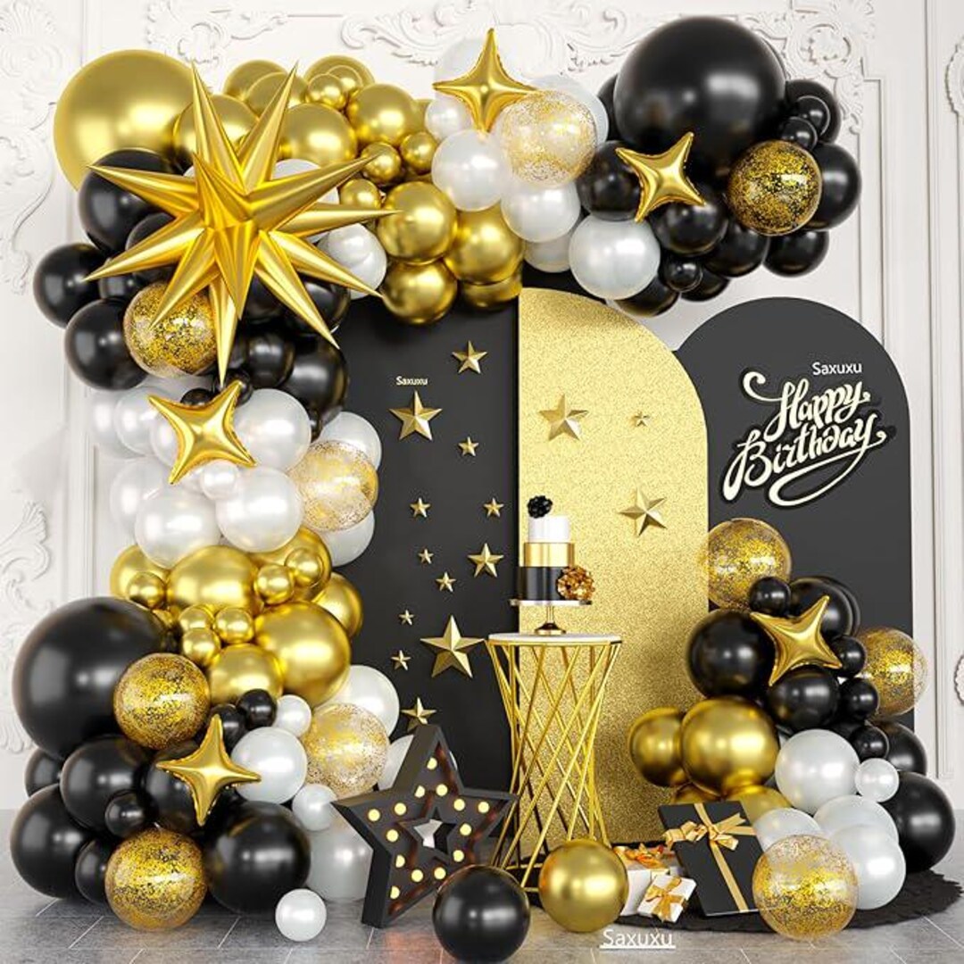 Black Gold White Balloon Garland Arch Kit With Star Confetti Balloons ...