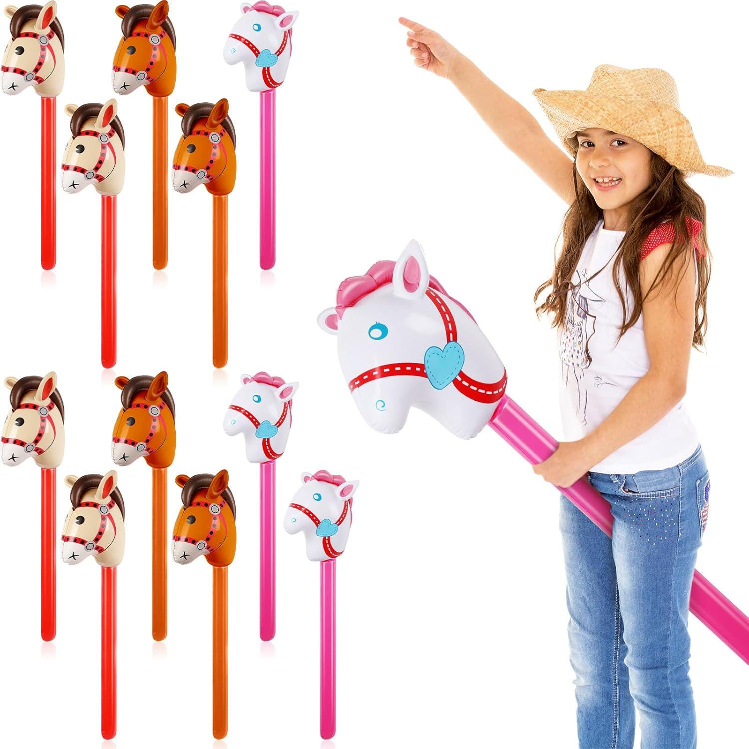 12pcs Inflatable Stick Horses – Cowboy Party Decorations in Red, Pink & Coffee for Kids’ Birthdays