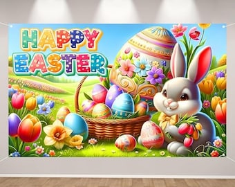 Happy Easter Photo Backdrop 71 x 43 Inch Bunny Egg Flower Party Decor Supplies