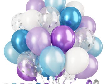60Pcs Frozen Theme Balloons – 12" Purple, Blue, White & Snow Confetti for Winter Parties