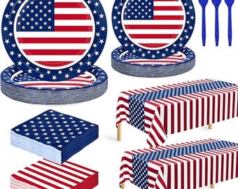 Juego de 122 piezas para fiestas patrióticas con platos, servilletas y vajilla decorativa.