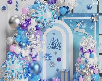 156-Pc Winter Wonderland Snowflake Balloon Arch Kit Blue Purple Silver Decor