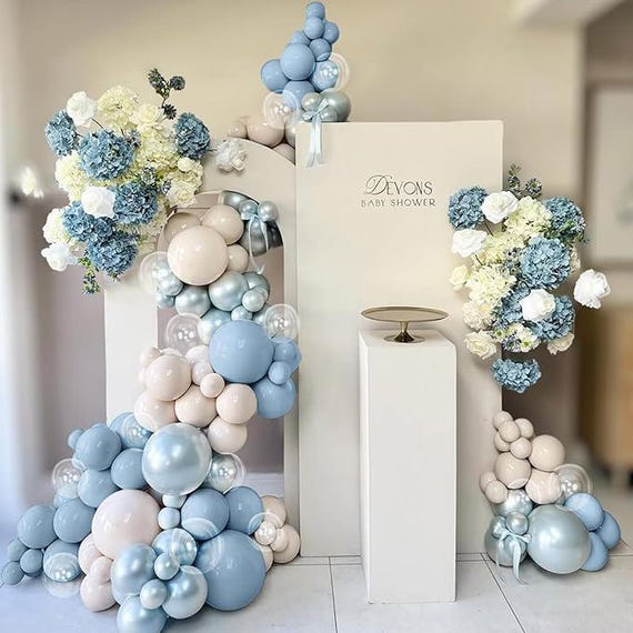 Dusty Blue Double Stuffed Balloons With Pearl White Clear for